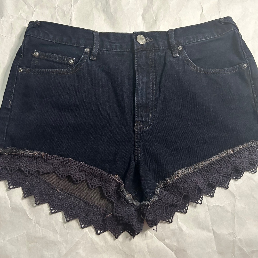 Free People Denim Shorts Womens 29 Dark Black Jean Wash Lace Trim